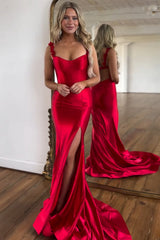 Spaghetti Strap Sleeveless Satin Mermaid Prom Dress Backless Side Slit Floor Length