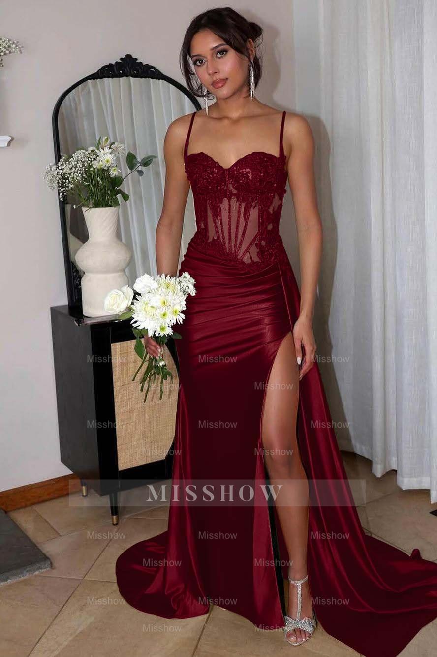 Spaghetti Strap Sleeveless Split Long Mermaid Formal Dress With Appliques