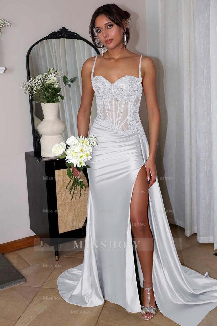 Spaghetti Strap Sleeveless Split Long Mermaid Formal Dress With Appliques