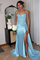 Spaghetti Strap Sleeveless Split Long Mermaid Formal Dress With Appliques