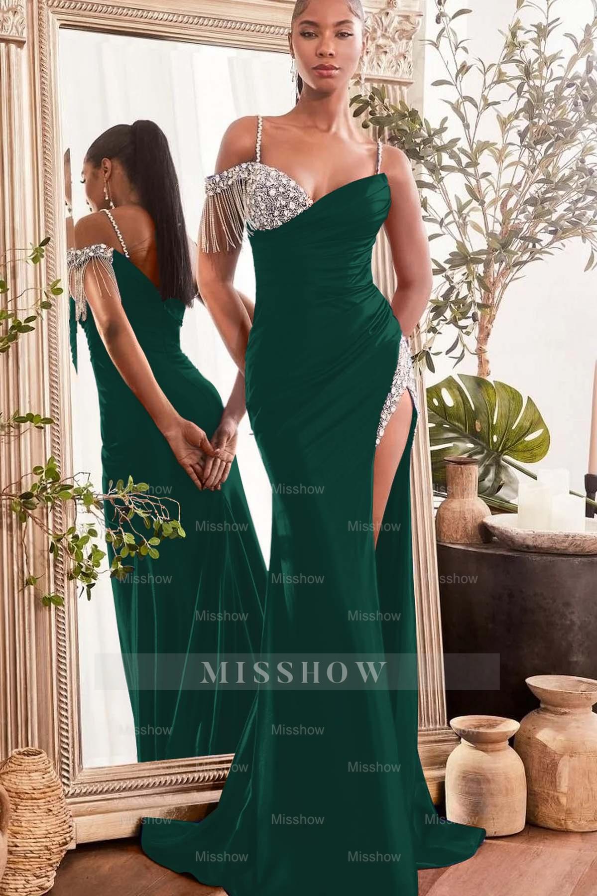 Spaghetti Strap Sleeveless Split Long Mermaid Formal Dress With Beading