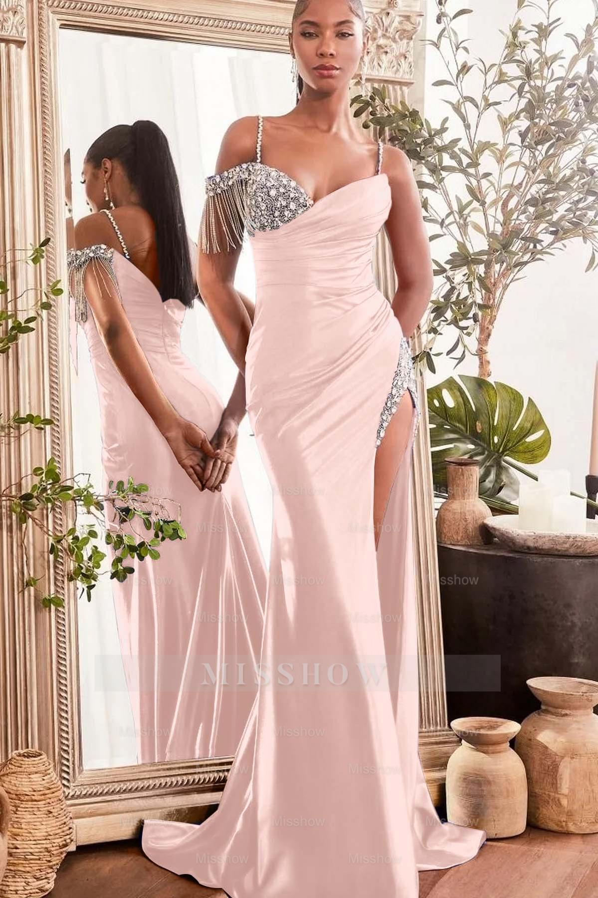 Spaghetti Strap Sleeveless Split Long Mermaid Formal Dress With Beading