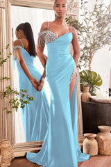 Spaghetti Strap Sleeveless Split Long Mermaid Formal Dress With Beading
