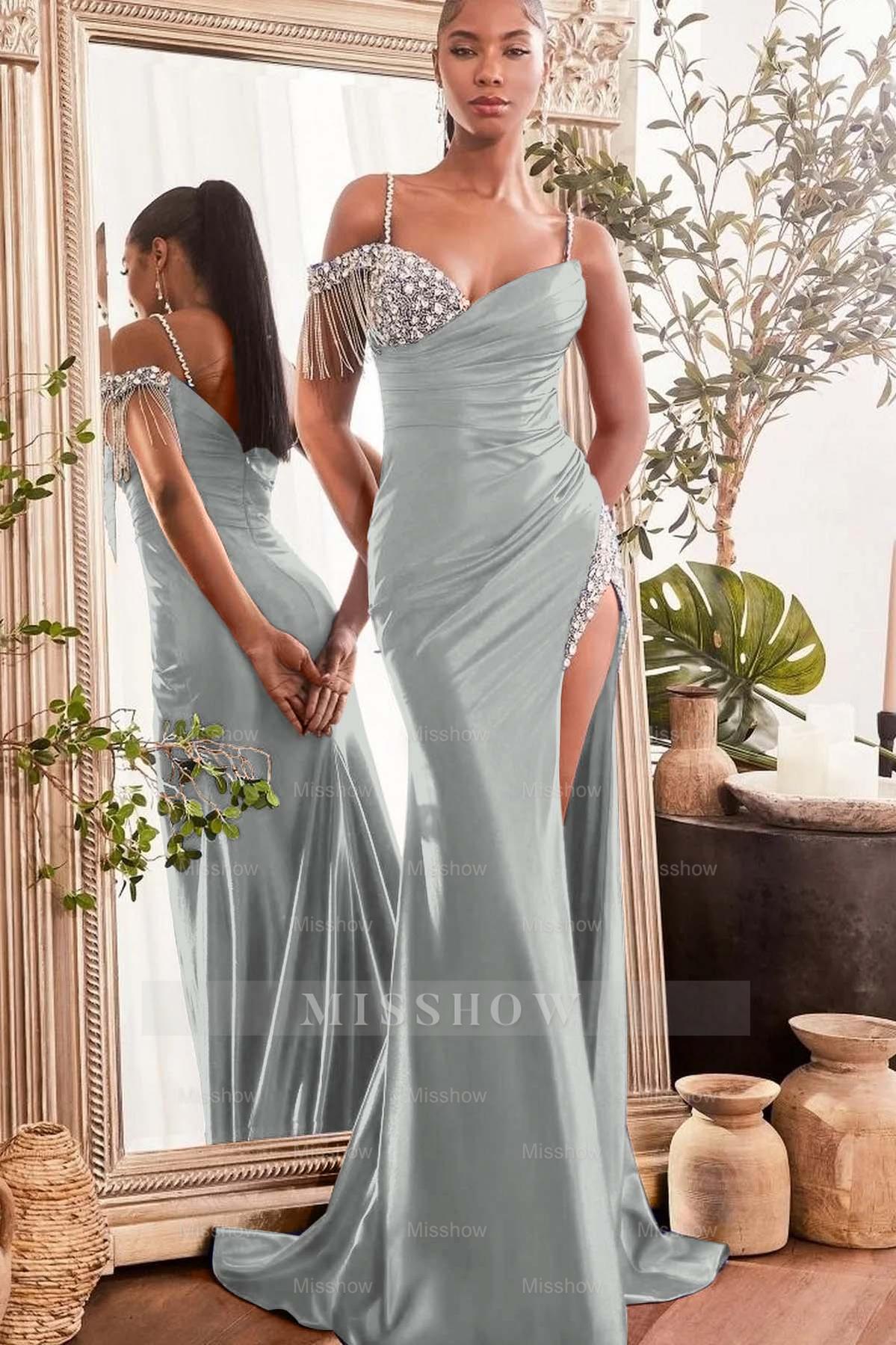 Spaghetti Strap Sleeveless Split Long Mermaid Formal Dress With Beading