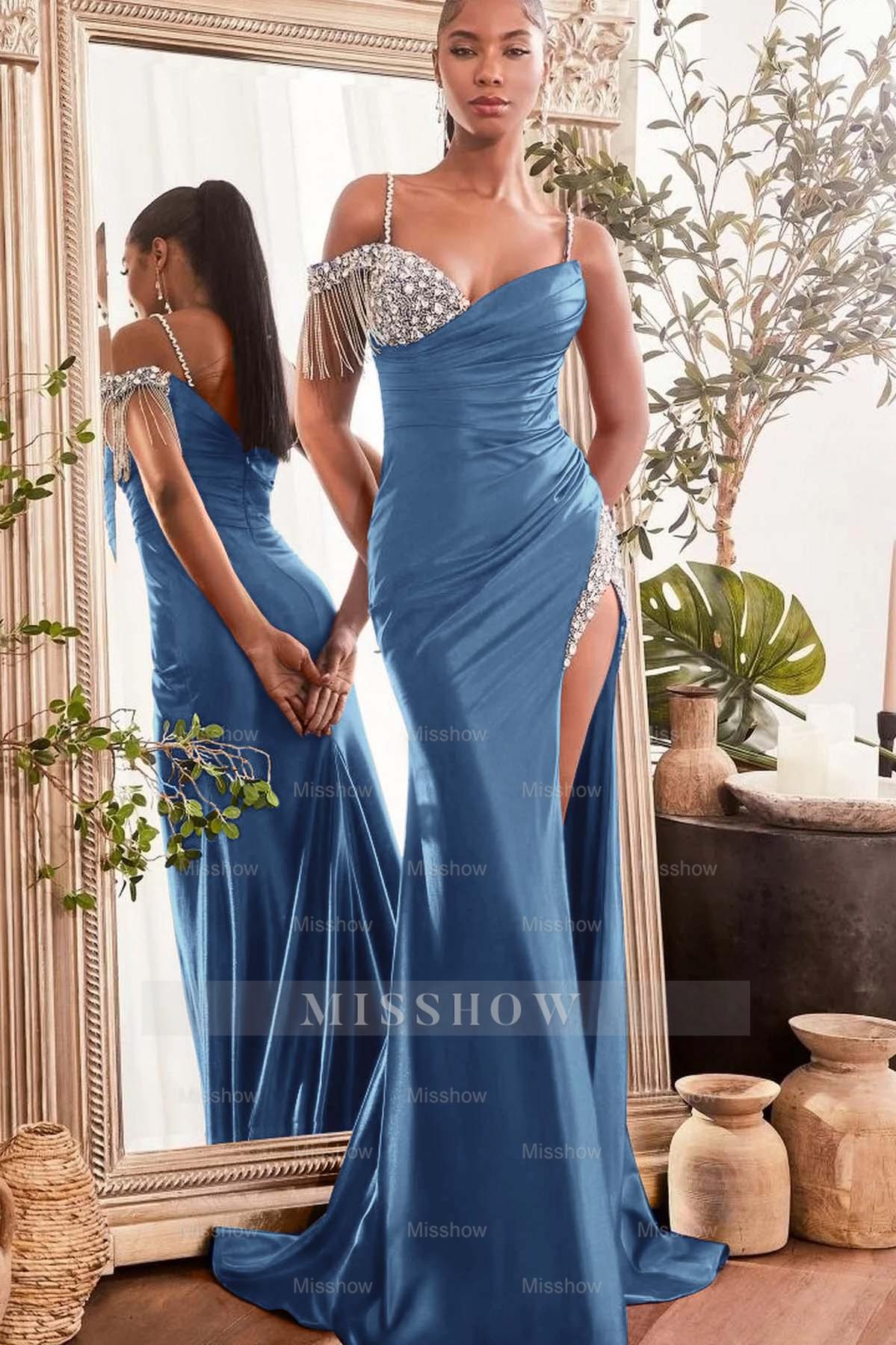 Spaghetti Strap Sleeveless Split Long Mermaid Formal Dress With Beading