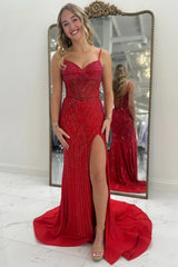 Spaghetti Strap Sweetheart All-Over Rhinestone Geometric Beading High Slit Mermaid Prom Dress Sweep Train Floor Length