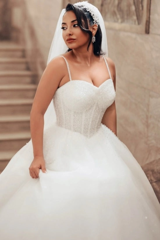Spaghetti Strap Sweetheart Dense Beaded Crystal Corset Glitter Tulle Princess Ball Gown Wedding Dress Cathedral Train