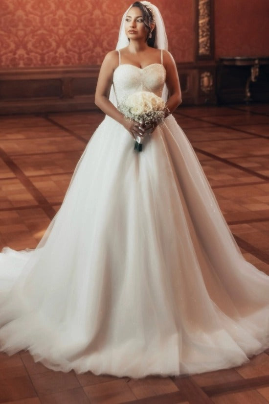 Spaghetti Strap Sweetheart Dense Beaded Crystal Corset Glitter Tulle Princess Ball Gown Wedding Dress Cathedral Train