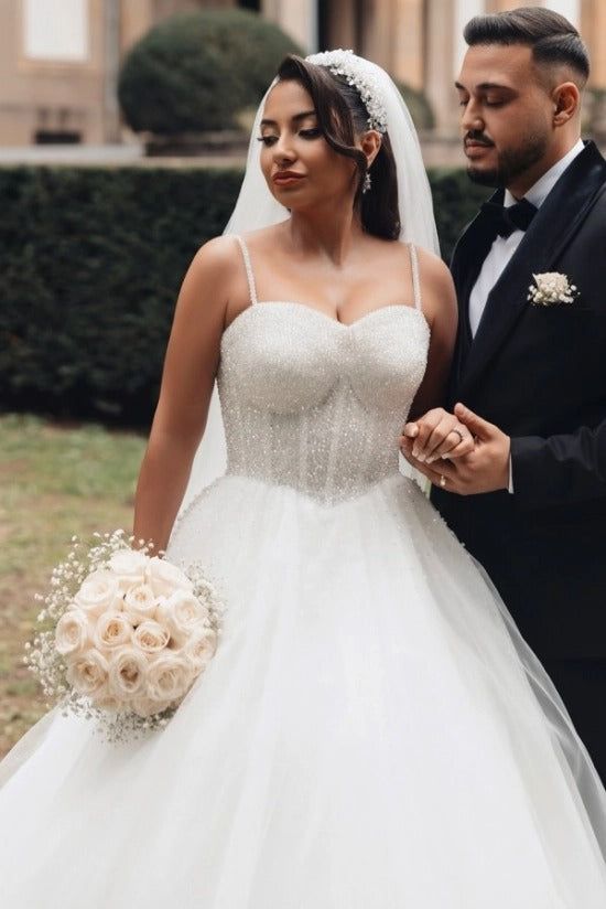 Spaghetti Strap Sweetheart Dense Beaded Crystal Corset Glitter Tulle Princess Ball Gown Wedding Dress Cathedral Train