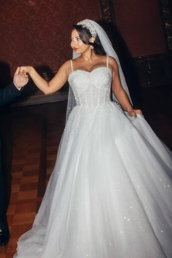 Spaghetti Strap Sweetheart Dense Beaded Crystal Corset Glitter Tulle Princess Ball Gown Wedding Dress Cathedral Train