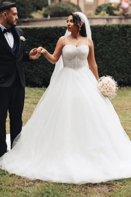 Spaghetti Strap Sweetheart Dense Beaded Crystal Corset Glitter Tulle Princess Ball Gown Wedding Dress Cathedral Train