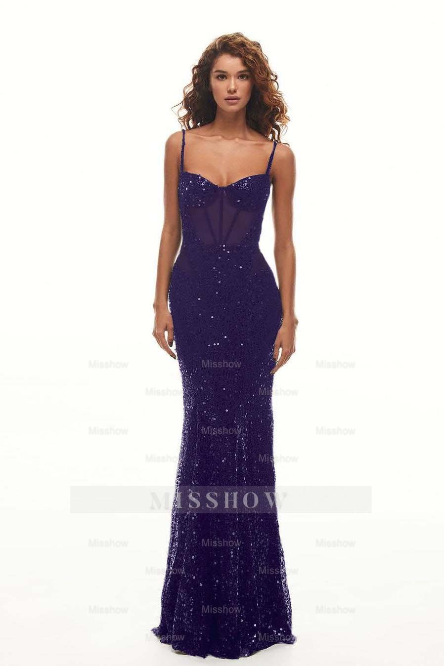 Spaghetti Strap Sweetheart Mermaid Long Formal Dress With Sequins