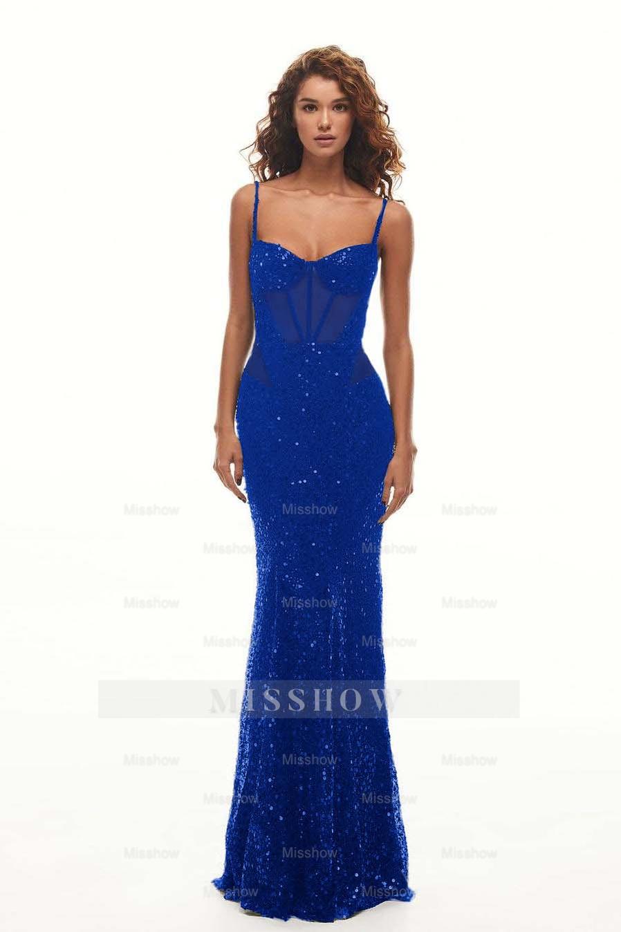 Spaghetti Strap Sweetheart Mermaid Long Formal Dress With Sequins