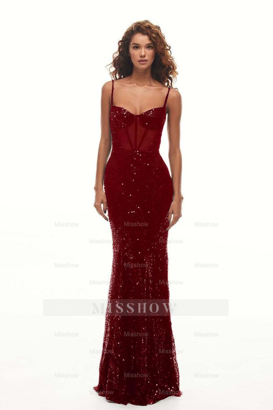 Spaghetti Strap Sweetheart Mermaid Long Formal Dress With Sequins