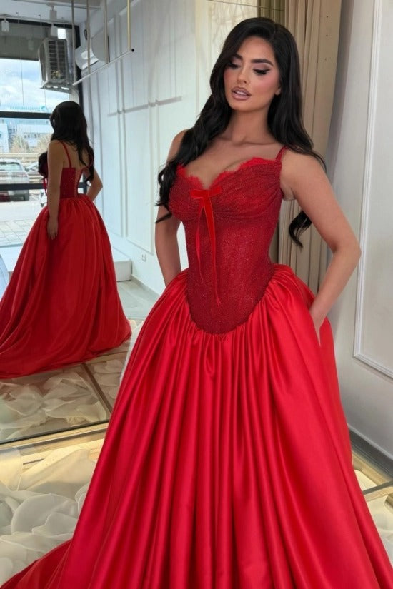 Spaghetti Strap Sweetheart Scallop Lace Rhinestone Beading Corset Satin Ball Gown Prom Dress Lace-Up Back Sweep Train Floor Length