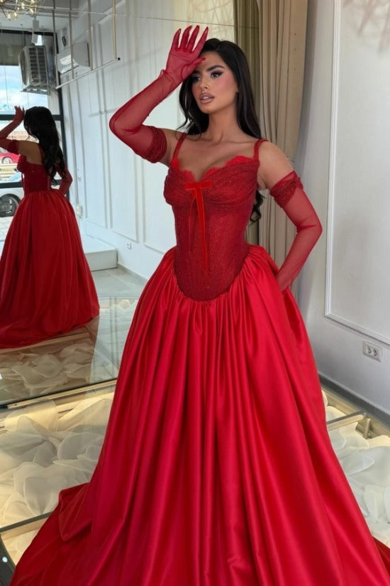 Spaghetti Strap Sweetheart Scallop Lace Rhinestone Beading Corset Satin Ball Gown Prom Dress Lace-Up Back Sweep Train Floor Length