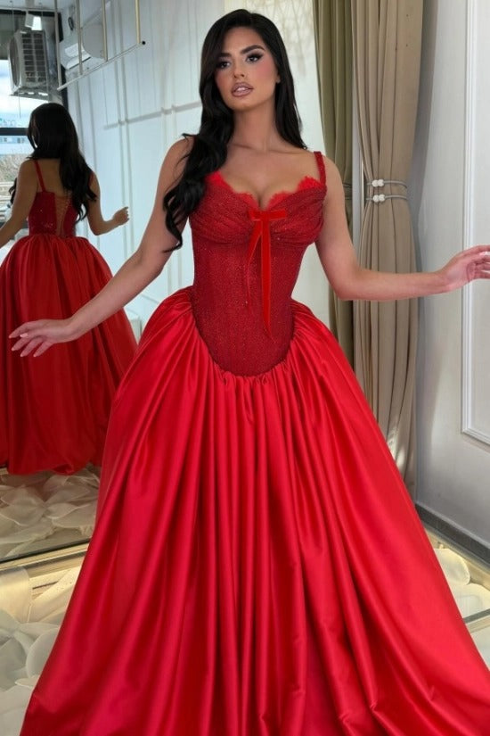 Spaghetti Strap Sweetheart Scallop Lace Rhinestone Beading Corset Satin Ball Gown Prom Dress Lace-Up Back Sweep Train Floor Length