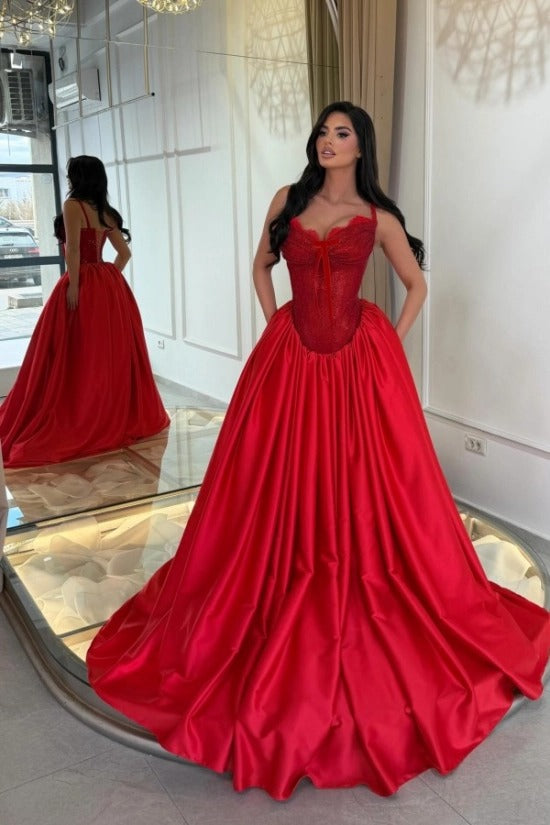 Spaghetti Strap Sweetheart Scallop Lace Rhinestone Beading Corset Satin Ball Gown Prom Dress Lace-Up Back Sweep Train Floor Length