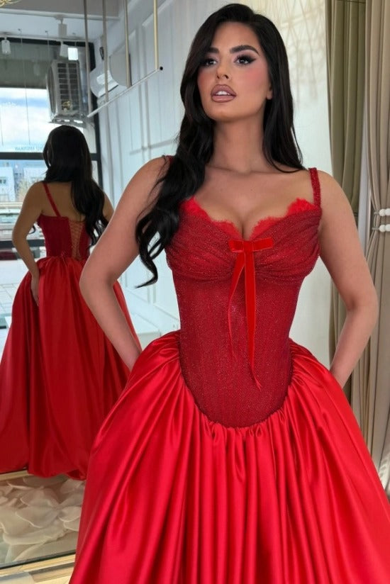 Spaghetti Strap Sweetheart Scallop Lace Rhinestone Beading Corset Satin Ball Gown Prom Dress Lace-Up Back Sweep Train Floor Length