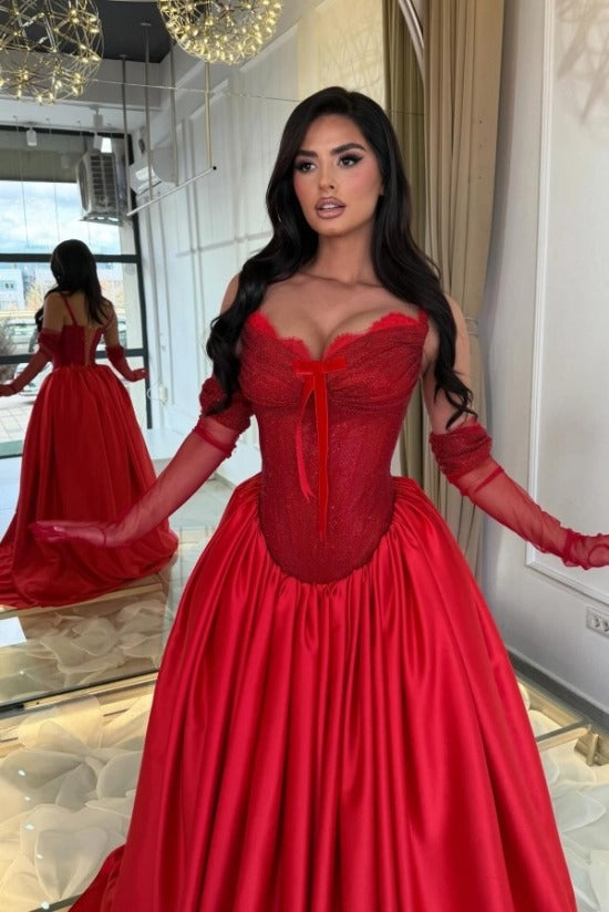 Spaghetti Strap Sweetheart Scallop Lace Rhinestone Beading Corset Satin Ball Gown Prom Dress Lace-Up Back Sweep Train Floor Length