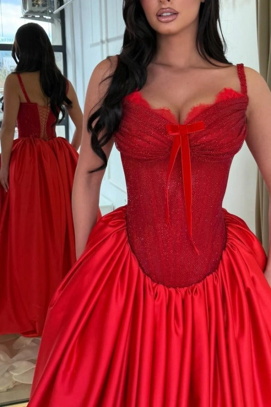 Spaghetti Strap Sweetheart Scallop Lace Rhinestone Beading Corset Satin Ball Gown Prom Dress Lace-Up Back Sweep Train Floor Length