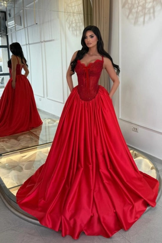 Spaghetti Strap Sweetheart Scallop Lace Rhinestone Beading Corset Satin Ball Gown Prom Dress Lace-Up Back Sweep Train Floor Length