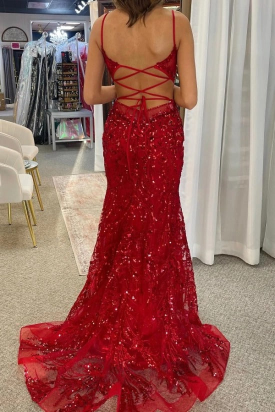 Spaghetti Strap Sweetheart V-Notch 3D Floral Sequin Lace Applique Side Cut-Out Lace-Up Back Mermaid Prom Dress Sweep Train Floor Length