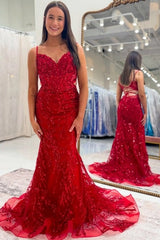 Spaghetti Strap Sweetheart V-Notch 3D Floral Sequin Lace Applique Side Cut-Out Lace-Up Back Mermaid Prom Dress Sweep Train Floor Length