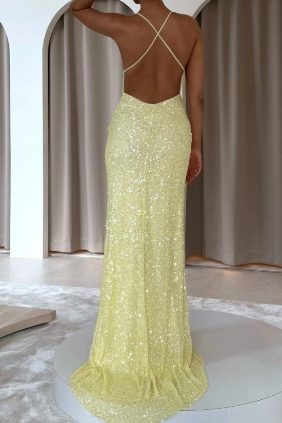 Spaghetti Strap V-Neck All-Over Crystal Sequin Beaded Criss-Cross Open Back Mermaid Evening Dress Sweep Train