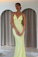 Spaghetti Strap V-Neck All-Over Crystal Sequin Beaded Criss-Cross Open Back Mermaid Evening Dress Sweep Train