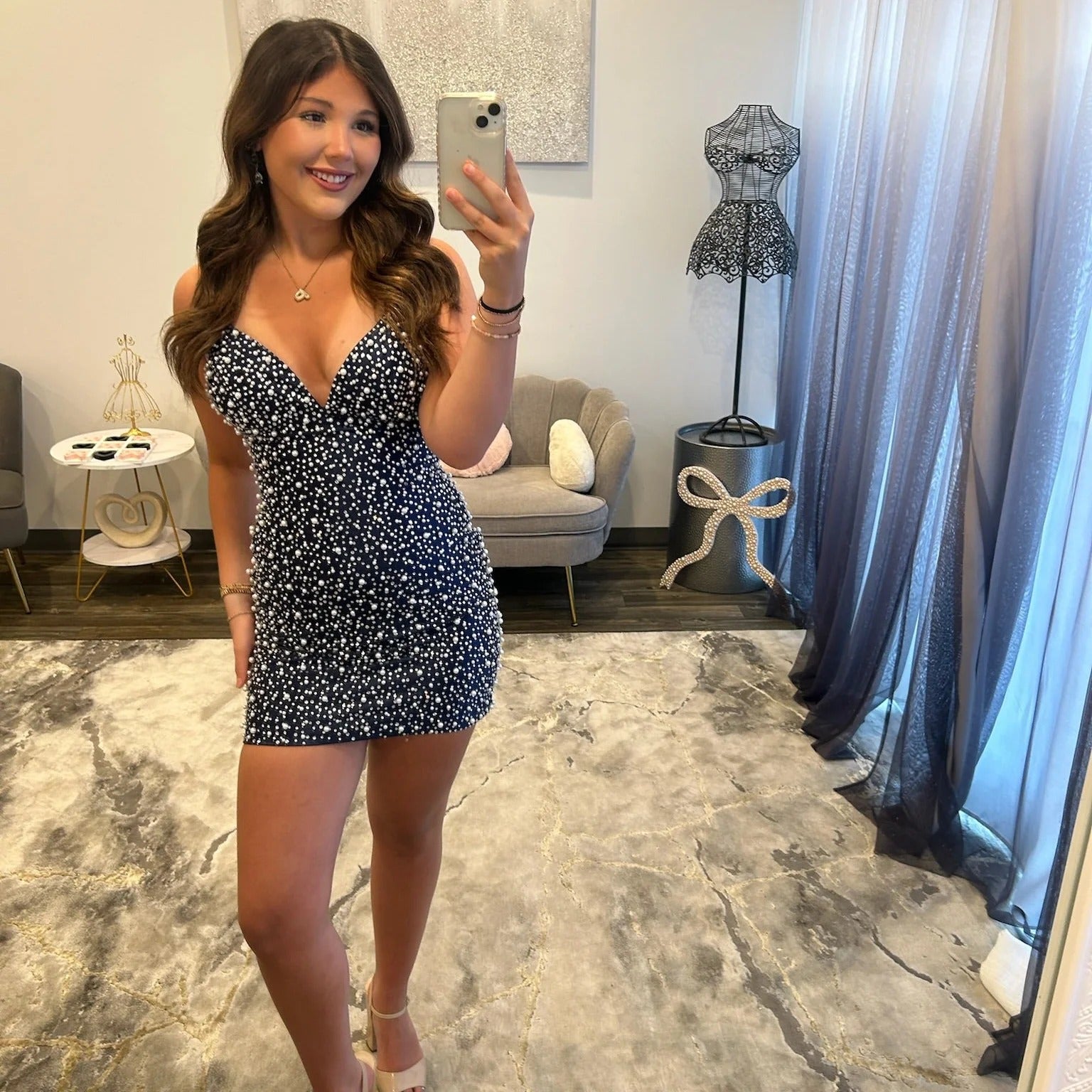 Spaghetti Strap V-Neck Dense Pearl Beading Fitted Bodycon Homecoming Dress Mini