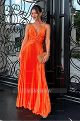 Spaghetti Strap V Neck Sleeveless Long Formal Dress With Pleated