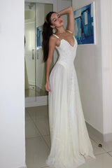 Spaghetti Strap V Neck Sleeveless Long Formal Dress With Pleated