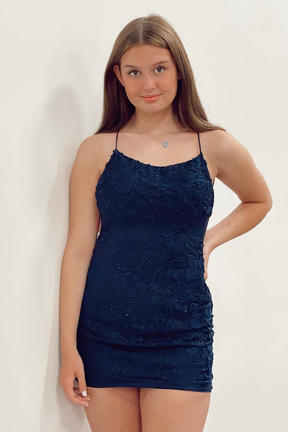 Navy scoop applique bodycon homecoming dress