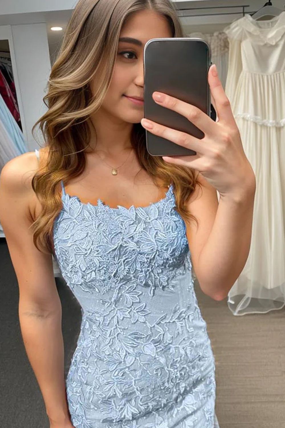 Light blue scoop applique bodycon homecoming dress