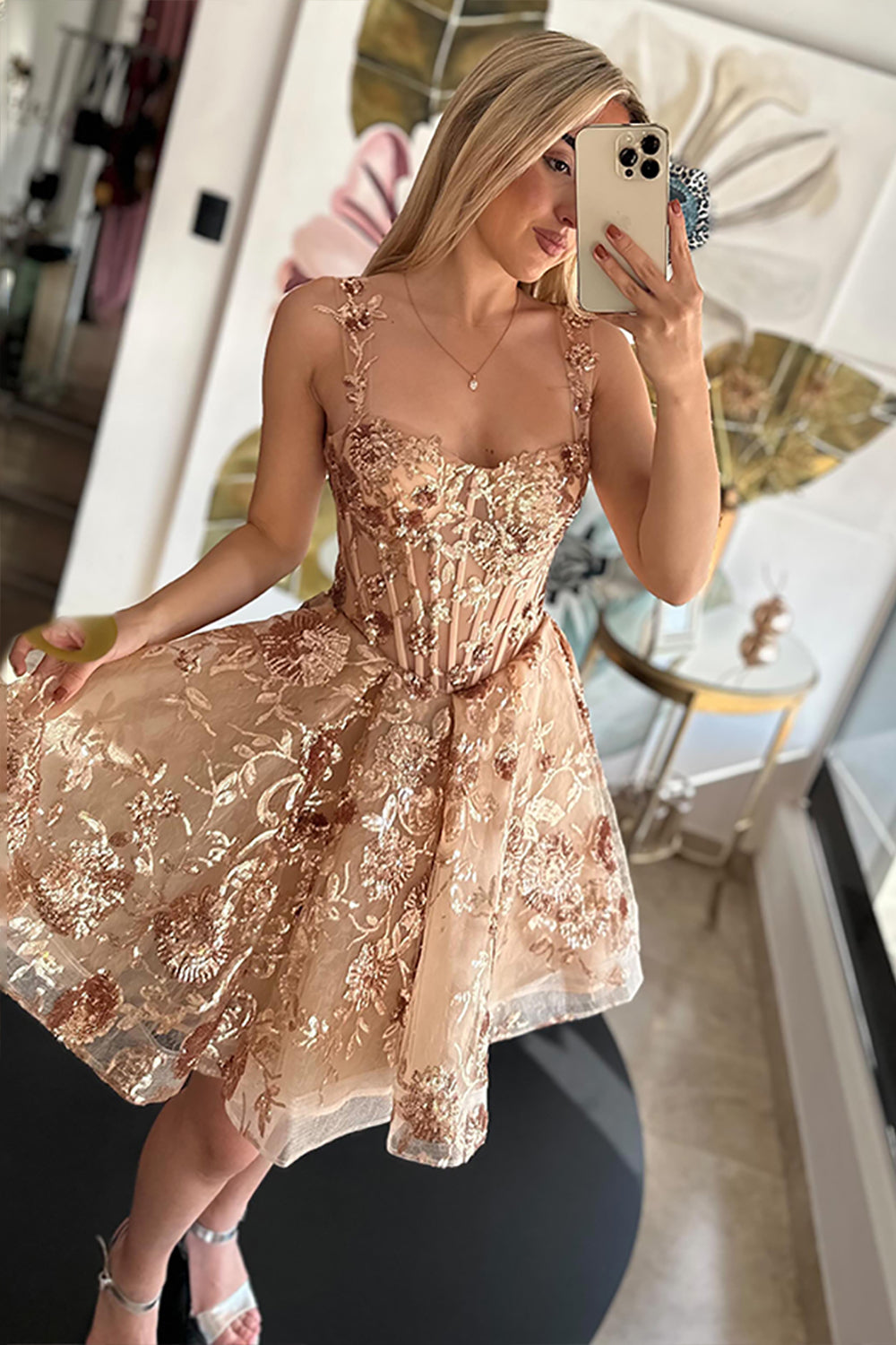 Spaghetti Straps 3D Floral Lace Appliques Illusion Boned Corset Tulle A-Line Short Homecoming Dress