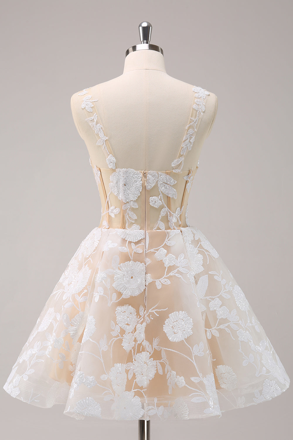Spaghetti Straps 3D Floral Lace Appliques Illusion Boned Corset Tulle A-Line Short Homecoming Dress