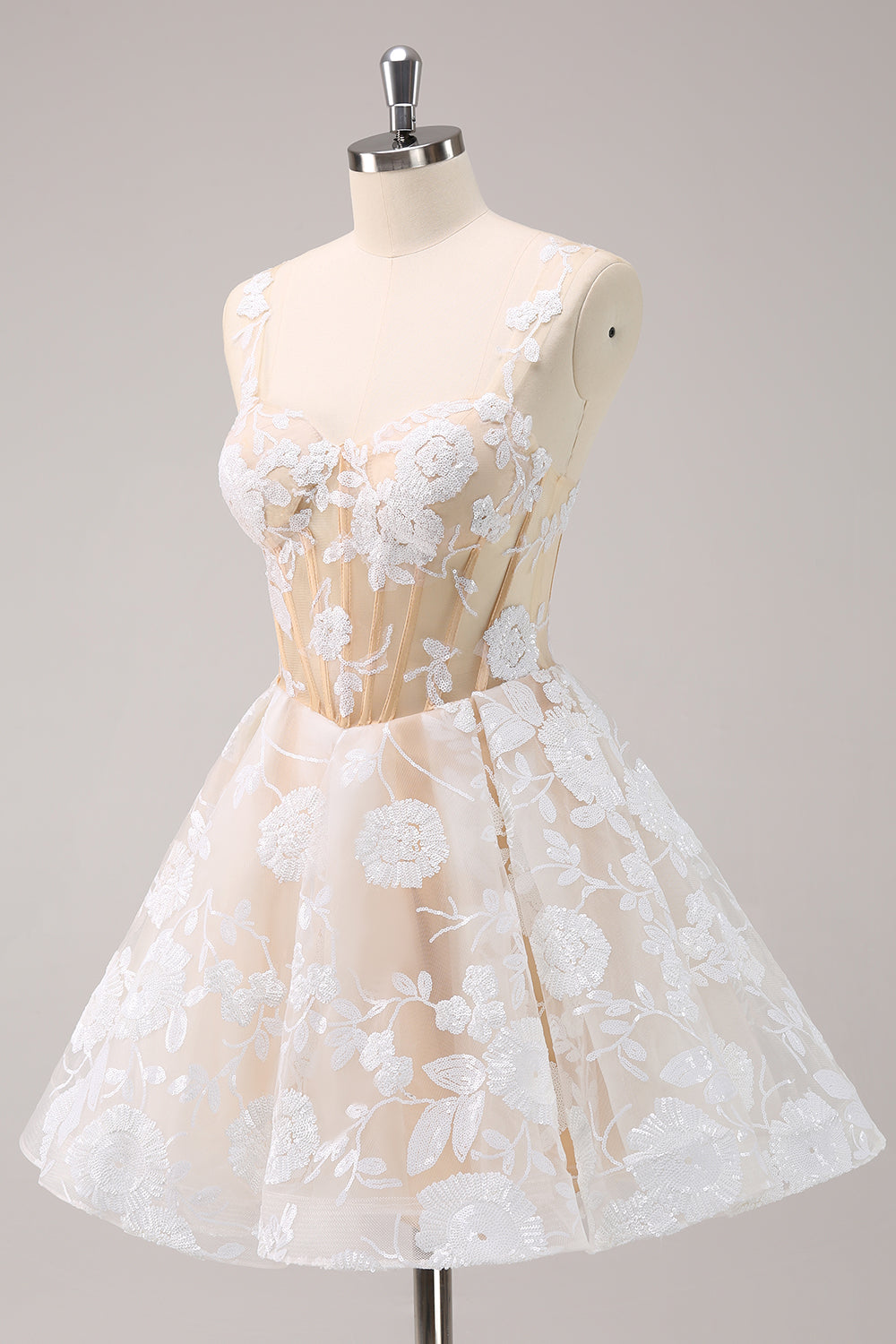 Spaghetti Straps 3D Floral Lace Appliques Illusion Boned Corset Tulle A-Line Short Homecoming Dress