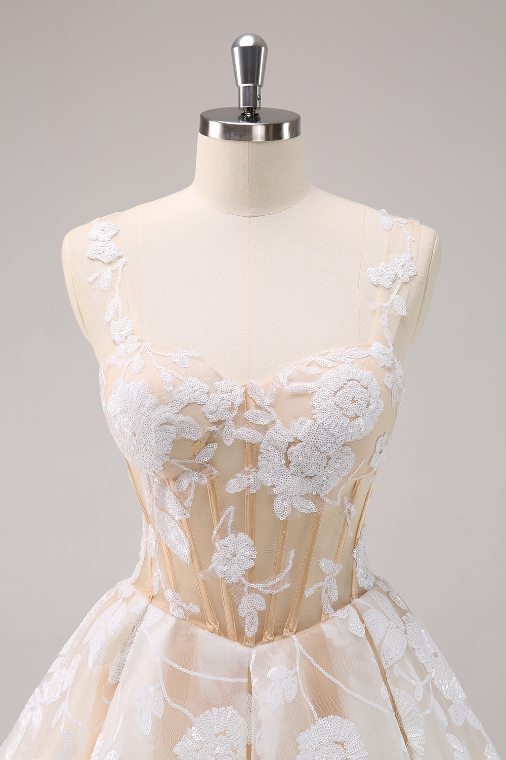Spaghetti Straps 3D Floral Lace Appliques Illusion Boned Corset Tulle A-Line Short Homecoming Dress