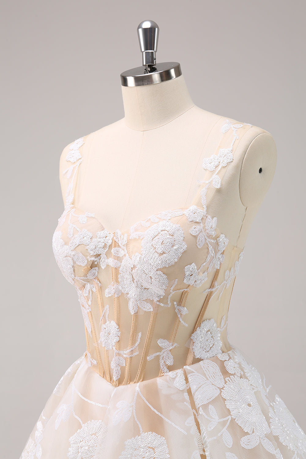 Spaghetti Straps 3D Floral Lace Appliques Illusion Boned Corset Tulle A-Line Short Homecoming Dress