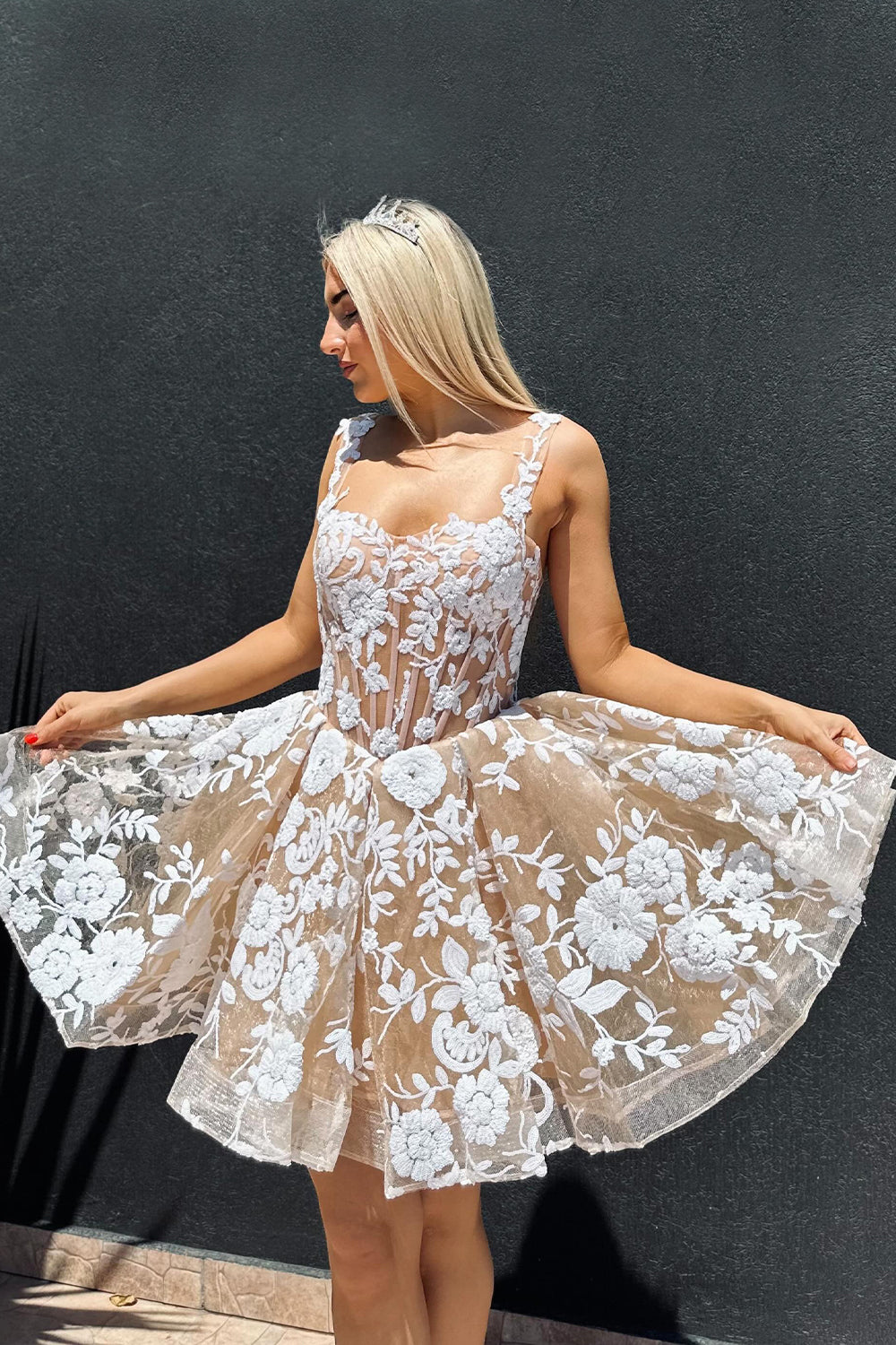 Spaghetti Straps 3D Floral Lace Appliques Illusion Boned Corset Tulle A-Line Short Homecoming Dress