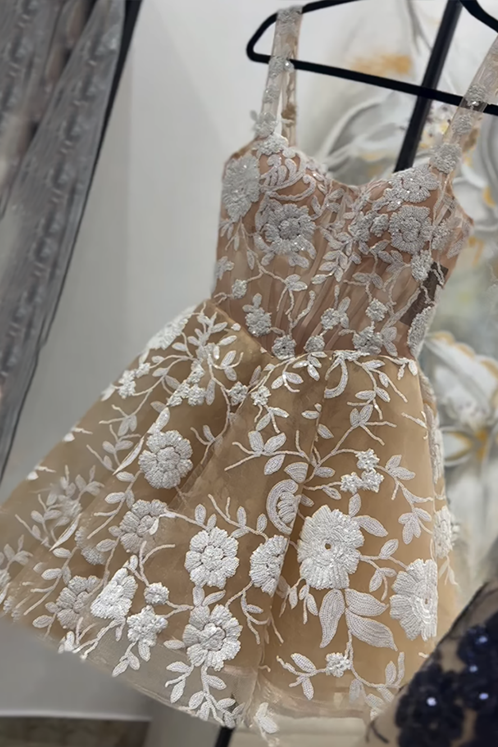Spaghetti Straps 3D Floral Lace Appliques Illusion Boned Corset Tulle A-Line Short Homecoming Dress