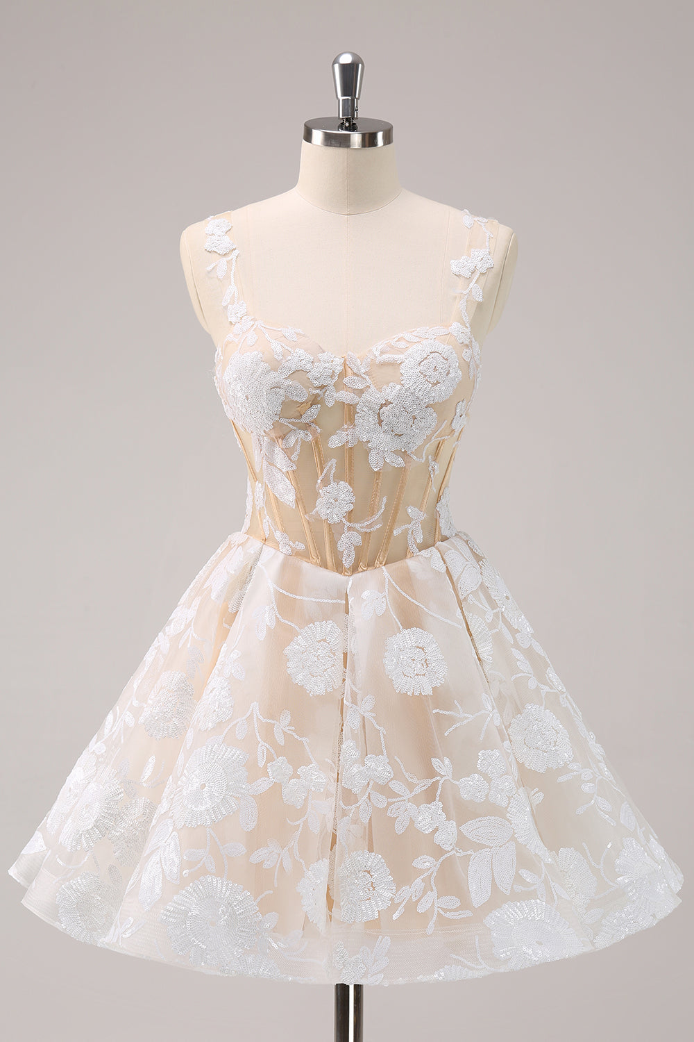 Spaghetti Straps 3D Floral Lace Appliques Illusion Boned Corset Tulle A-Line Short Homecoming Dress