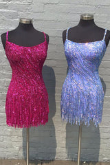 Magenta square beaded bodycon homecoming dress