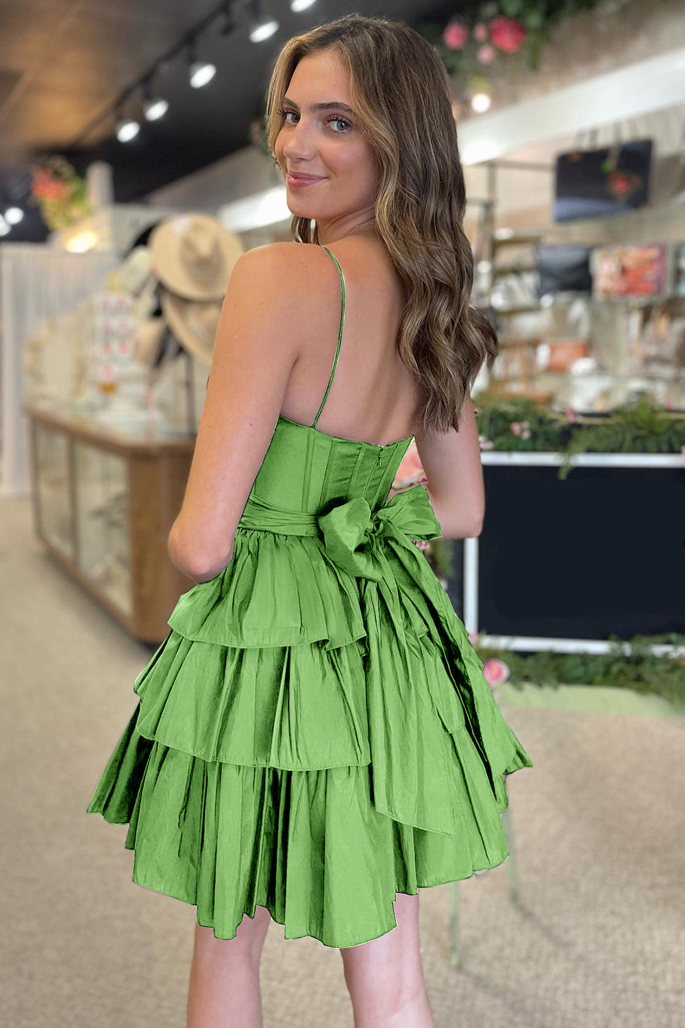 Green scoop ruffled A-line homecoming dress
