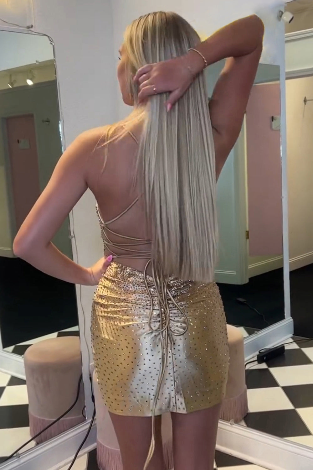 Spaghetti Straps Deep V-Neck All-Over Rhinestone Satin Ruched Lace-Up Back Bodycon Homecoming Dress Mini