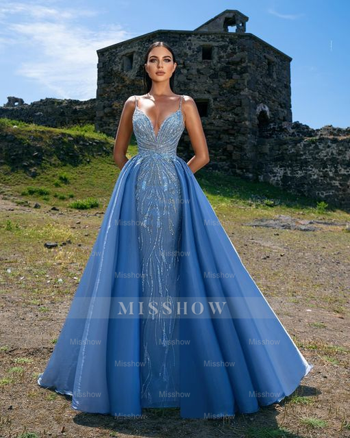 Spaghetti Straps Elegant Blue Formal Dress Overskirt With Sequins