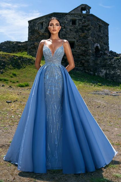 Spaghetti Straps Elegant Blue Formal Dress Overskirt With Sequins