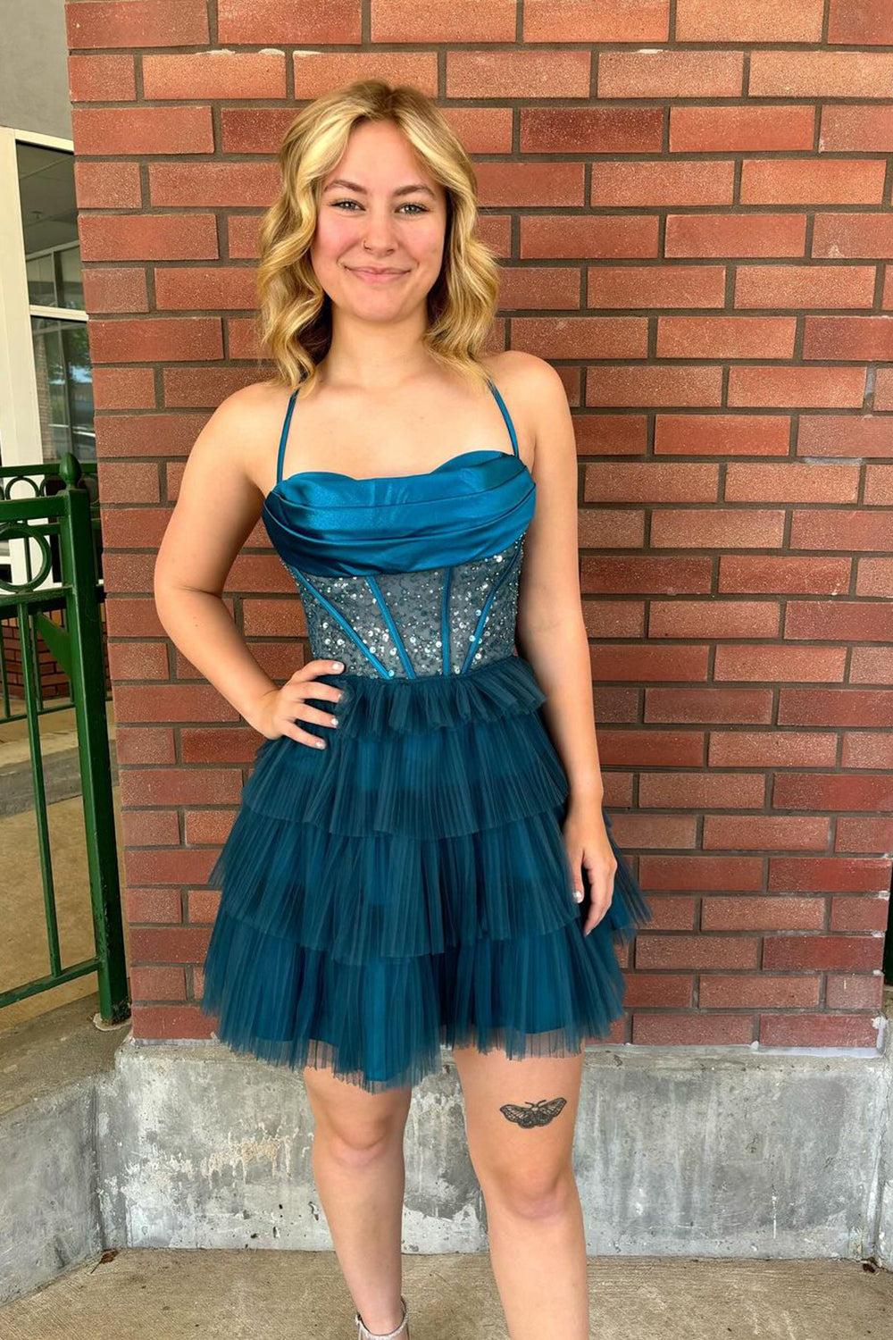 Spaghetti Straps Sweetheart Draped Sequin Corset Lace-Up Back Multi-Tier Ruffle Tulle A-Line Short Homecoming Dress