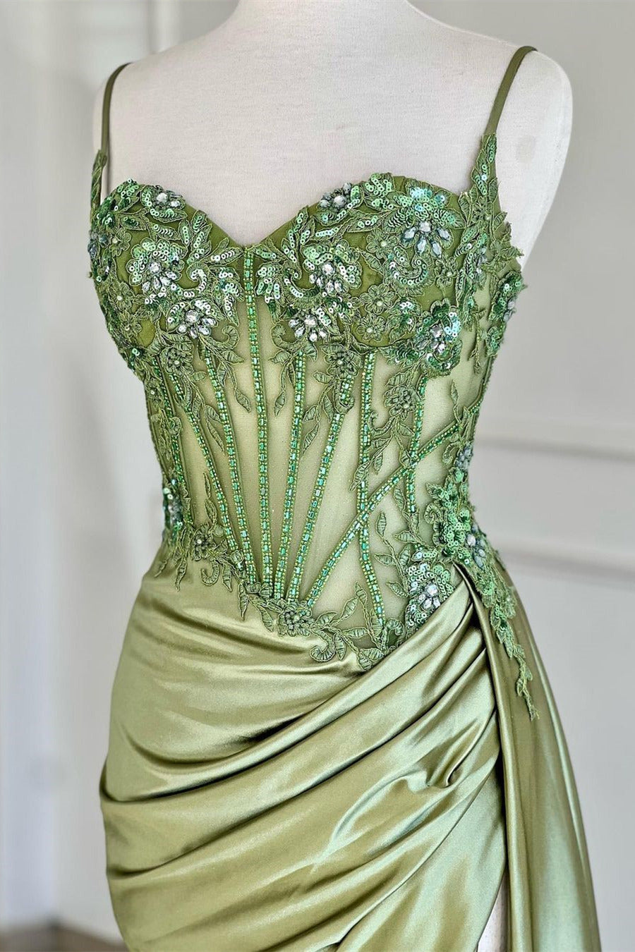 Spaghetti Straps Sweetheart Lace Appliqué Rhinestone Corset Ruching Satin Mermaid Prom Dress Lace-Up Back Side Slit Sweep Train